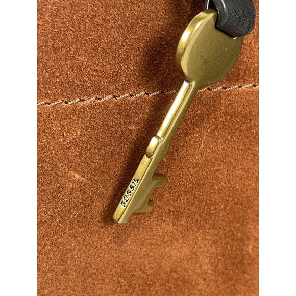 Fossil Carmen Shopper Tote Satchel Brown Black Genuine Leather Suede Key Charm - Picture 3 of 7